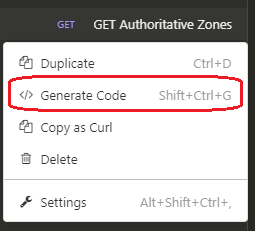 Generate Code option to generate a code snippet