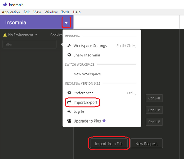 Insomnia, and select Import/ExportInsomnia, and select Import/Export