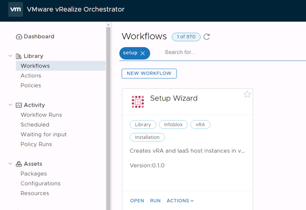 workflows panel search for setup wizard workflow