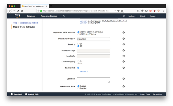 Enter the default root object – often, "index.html" (and notice IPv6, enabled by default!) 