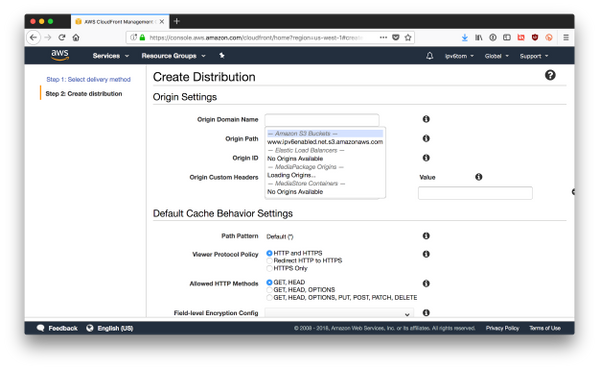 Select the S3 bucket in the Origin Domain Name dropdown menu