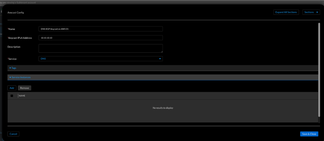 Figure 11. Universal DDI—Anycast configuration (Networking → Anycast → Create Anycast Configuration) 