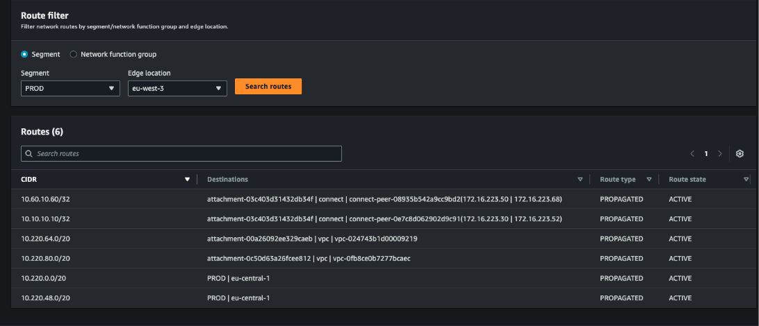 Figure 15. Routes learned from Cloud WAN visible in the Cloud WAN route tables 