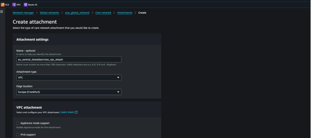 Figure 5. VPC attachment creation with DNS support enabled 