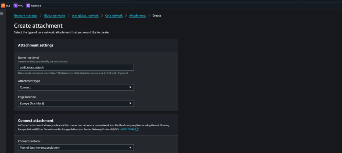 Figure 6. Connect attachment creation (NO_ENCAP/tunnel-less) 