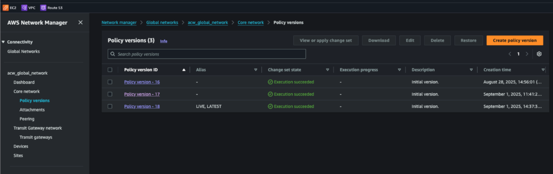 Figure 9. AWS network manager policy view showing applied policy/version 