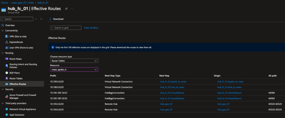 Figure 12. Effective routes in France Central hub, spoke route table, showing anycast address 10.100.100.10/32 learned through BGP