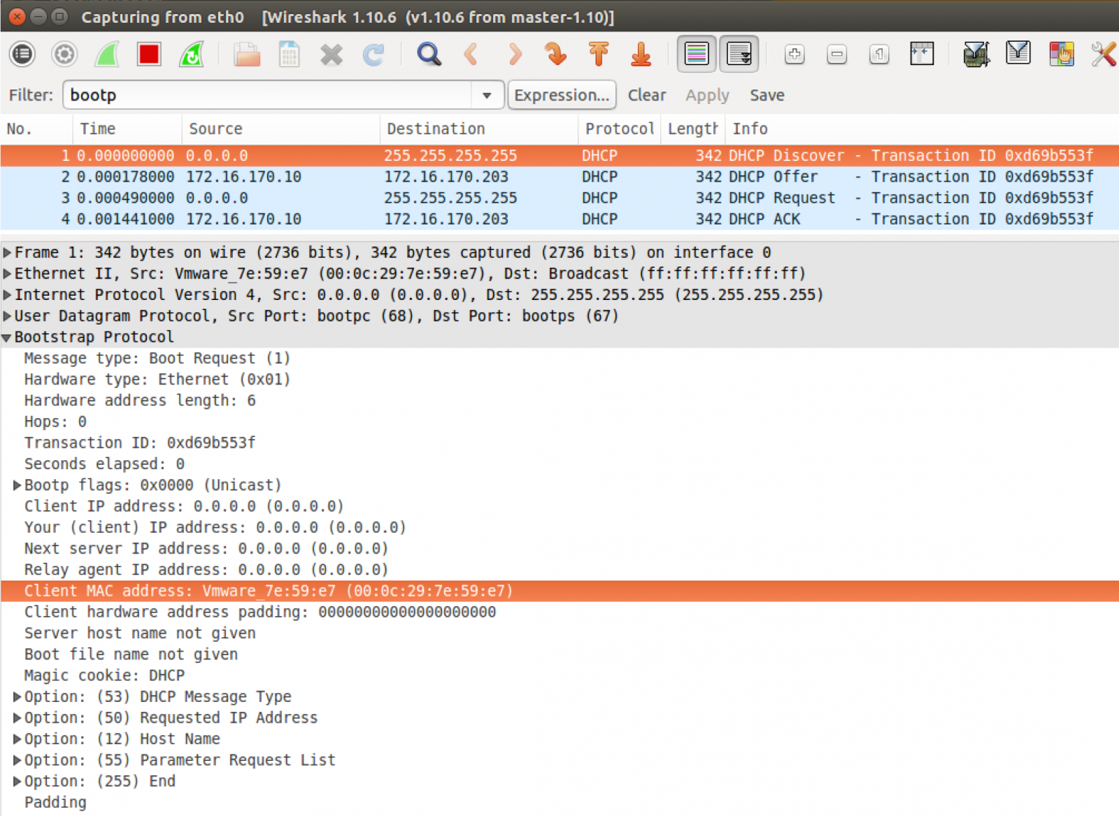 Figure 1: DHCP Discover packet with included Client MAC address highlighted