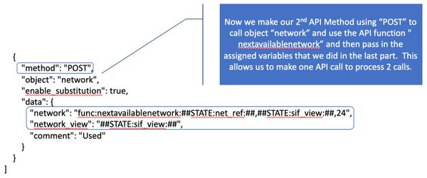 First call in the request is a “GET” for the object “networkcontainer”, passing in the data points “network_view” is “Dell” and EA “*Country” equals to “RED” asking to return “Extensible Attributes” 