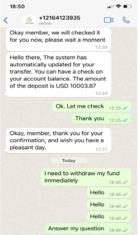 Figure 8. Screen capture of text messages sent between Carrod Securities affiliate and online fraud victim shared, 2023
