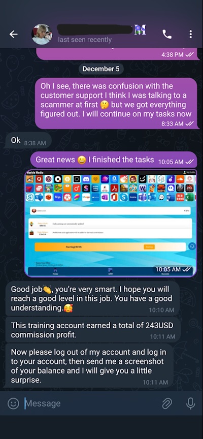 Figure 12. Maria telling me how much profit the training account made