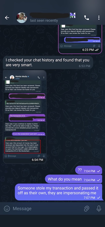 Figure 26. Telling Maria someone else claimed my transaction as their own