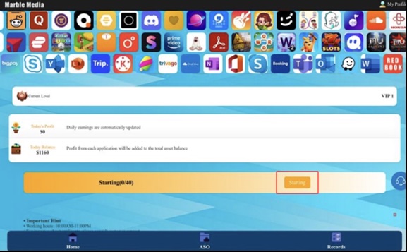 Figure 4. Screenshot of the scam task website highlighting the “Starting” button