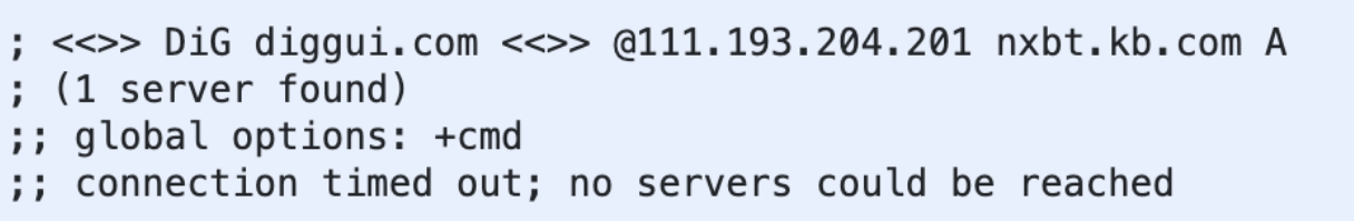 Figure 7. The response to an A record request from 111[.]193[.]204[.]204 for nxbt[.]kb[.]com. This IP address is in Chinese IP address space and is not open on port 53. The answer is what is expected for a query of this type and is consistent with known behavior of the GFW. Image credit: diggui.com.