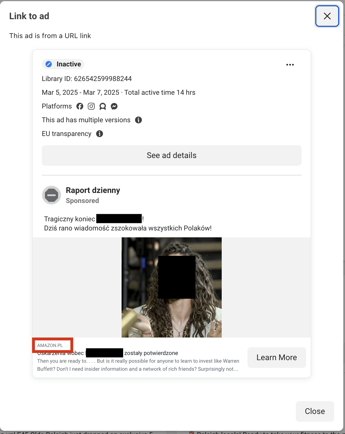 Figure 13. Example of Facebook ad caption with decoy domain, amazon[.]pl. The ad redirects to a URL under tyxarai[.]org and is associated to wjulbucks[.]info