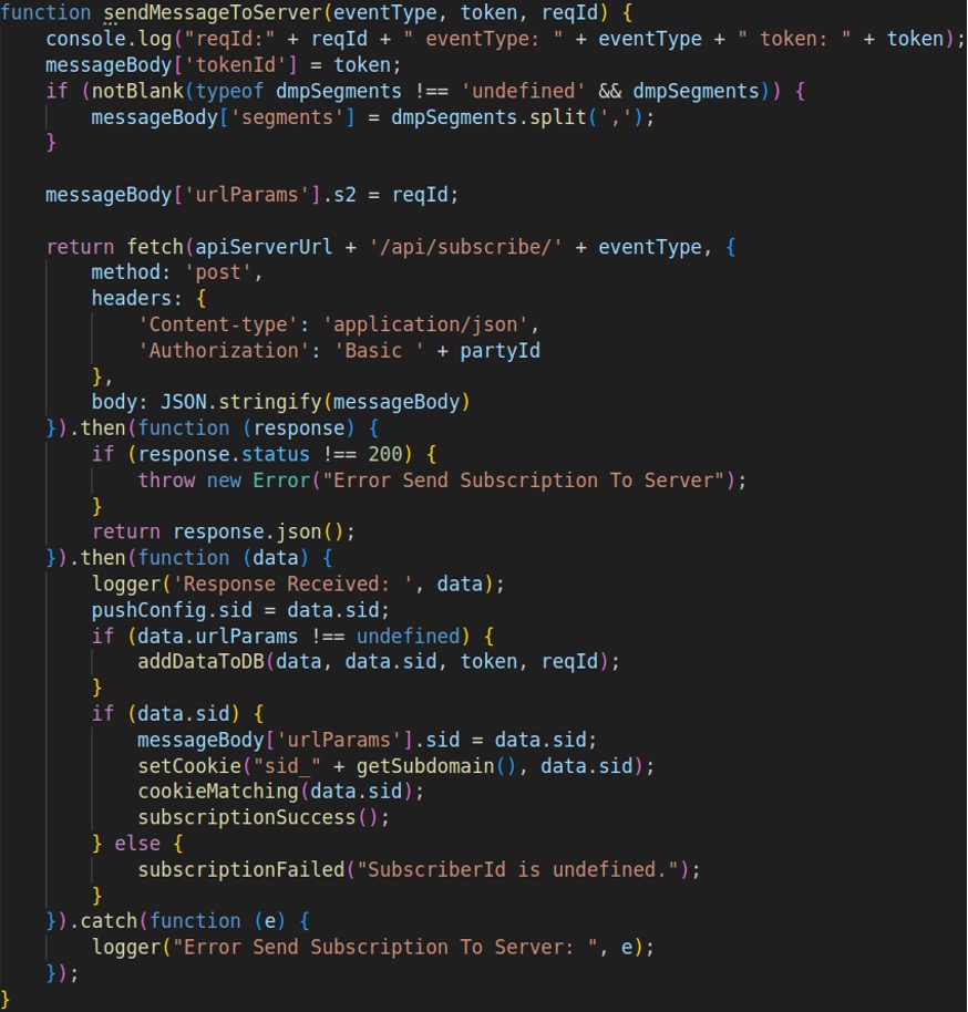 Figure 17. A VexTrio code function that tracks user push subscription activity