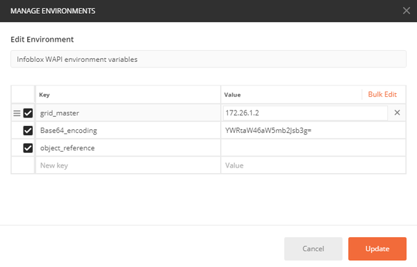 WAPI POSTMAN - Select Environment Variables - Details