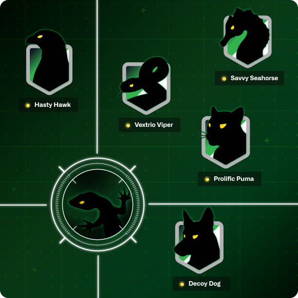 Eine Fotomontage mit den Logos der Bedrohungsakteure Hasty Hawk, Vextrio Viper, Prolific Puma, Savvy Seahorse und Decoy Dog.