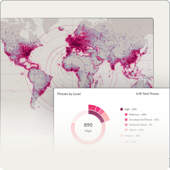 Mapa digital global con nodos del DNS brillantes que resaltan dominios similares sospechosos. Las imágenes de los flujos de datos y los análisis enfatizan la supervisión a gran escala y la inteligencia de ciberseguridad en tiempo real.