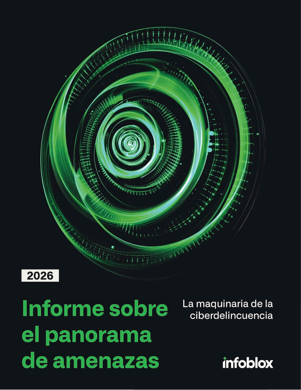 2026 Threat Landscape Report cover with a green digital spiral and Infoblox logo.