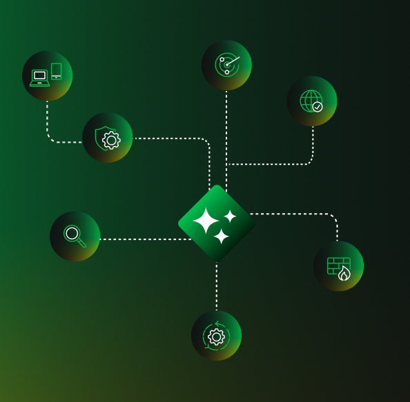 iq-td-image3 Visualización de una plataforma de IA agéntica que conecta flujos de trabajo de red, seguridad, activos, amenazas y operaciones mediante una interfaz unificada, representando operaciones integradas de red y seguridad en toda la empresa.