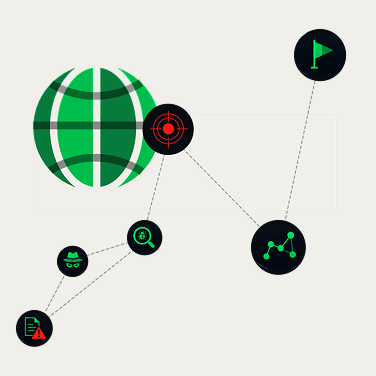 Abstract illustration featuring a green circle framed by opposing triangular shapes over a vertical black rectangle