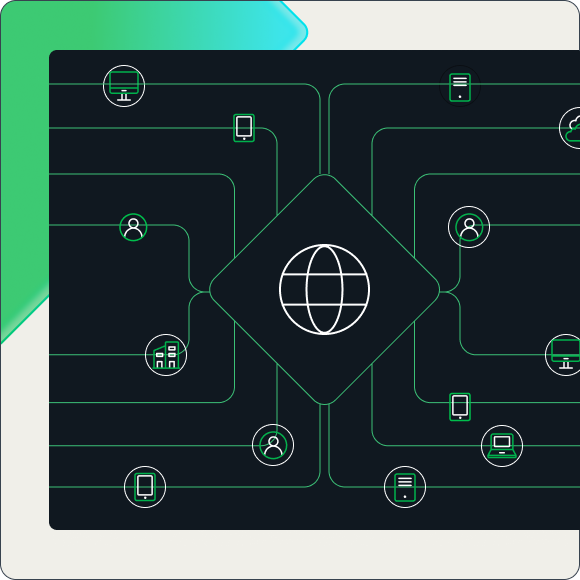 Une illustration numérique de 13 appareils et utilisateurs, représentés par des icônes, se connectant à Internet.