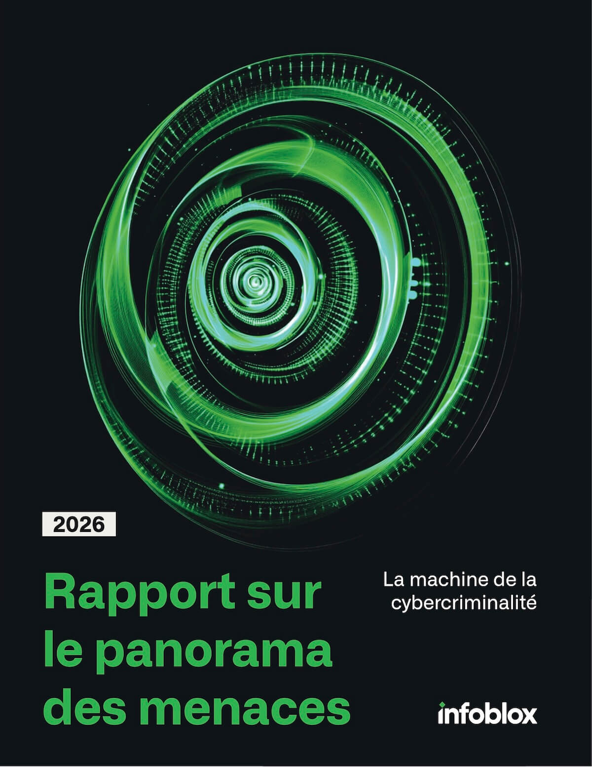 Couverture du rapport sur le panorama des menaces 2026 avec une spirale numérique verte et le logo Infoblox.