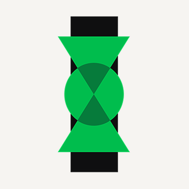 Abstract illustration featuring a green circle framed by opposing triangular shapes over a vertical black rectangle