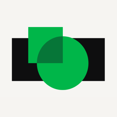 Abstract illustration featuring a large green circle overlapped by a square over a black rectangular background