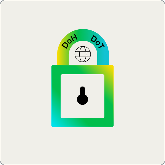 黄色から青へのグラデーションを使用し、DoH（DNS over HTTPS）および DoT（DNS over TLS）のテキストが書かれたデッドボルト。
