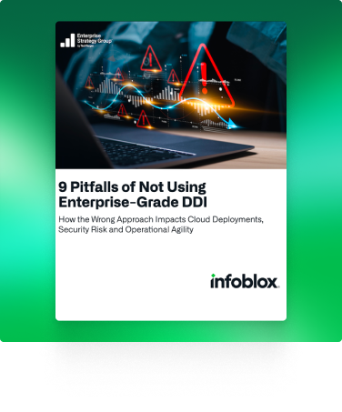 Report cover for “9 Pitfalls of Not Using Enterprise-Grade DDI” featuring a laptop and network visualization