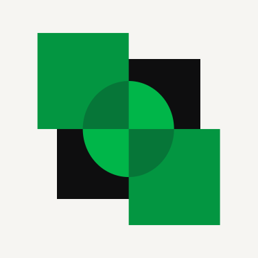 Abstract illustration featuring overlapping green squares and a central circle over a black geometric background